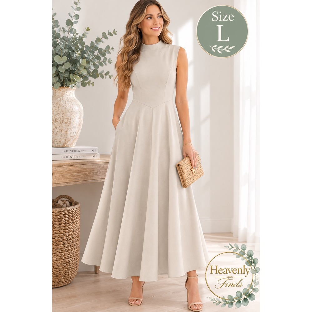 Beige Mock Neck Maxi Dress L Dating Wedding Guest Cocktail Sleeveless Work NEW